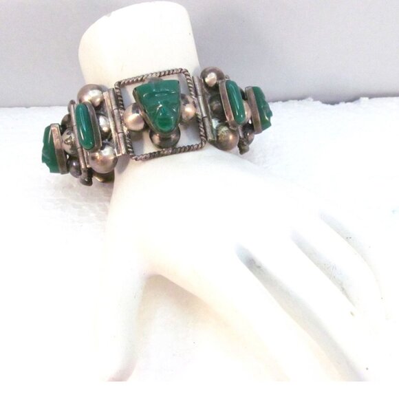 Sterling Silver Carved Green Onyx Tribal Face Mexican Link Bracelet Size 6.75 - Picture 15 of 16